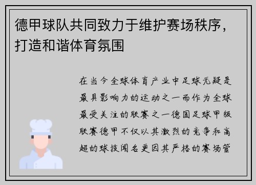 德甲球队共同致力于维护赛场秩序，打造和谐体育氛围